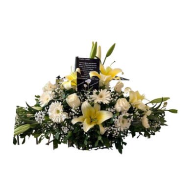 Almofada Funeraria de Lirios Amarillos y Gerberas con Pizarra