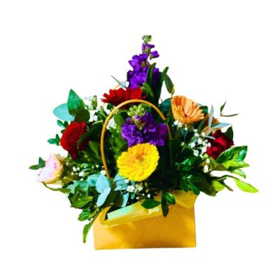 Arreglo de Gerberas y Rosas en Base Tipo Cartera Amarilla