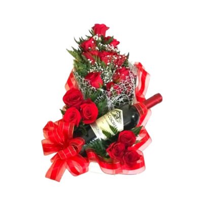 Arreglo de Rosas Rojas Escalonado con Vino Tres Coches
