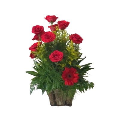 Arreglo Estilizado de Rosas Rojas y Gerbera en Base Rústica