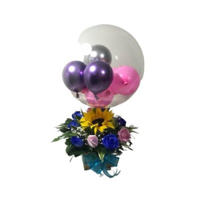 Arreglo de Rosas y Girasol con Globo Burbuja Metálico