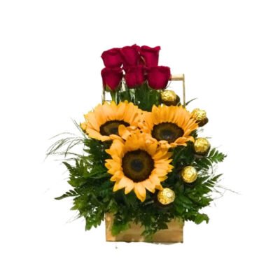 Arreglo de Girasoles y Rosas Rojas con Chocolates