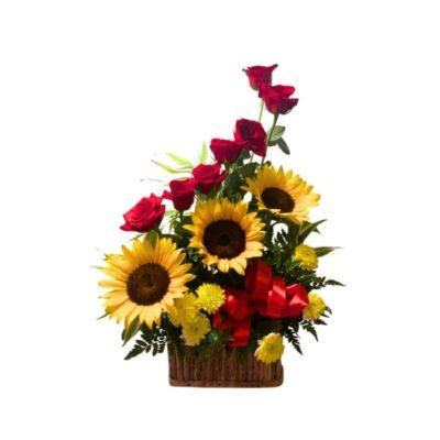 Arreglo de Girasoles y Rosas Rojas en Base Rústica