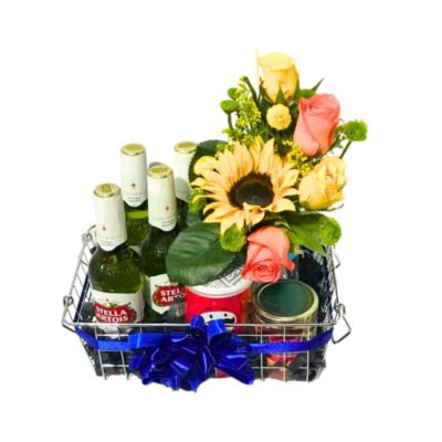 Arreglo Premium en Canasta Metálica con Cervezas Stella Artois