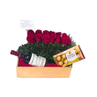 Arreglo Premium de Madera con Rosas, Vino Frontera y Chocolates Ferrero
