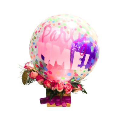 Arreglo de Rosas en Base Artesanal con Globo Party Time