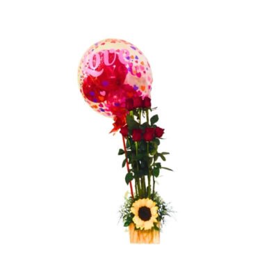 Arreglo de Rosas y Girasol con Globo Burbuja Love