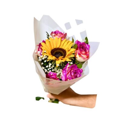 Bouquet de Girasol y Rosas Bicolor Fucsia