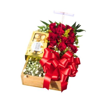 Caja de Madera Romántica de Rosas Rojas con Chocolates