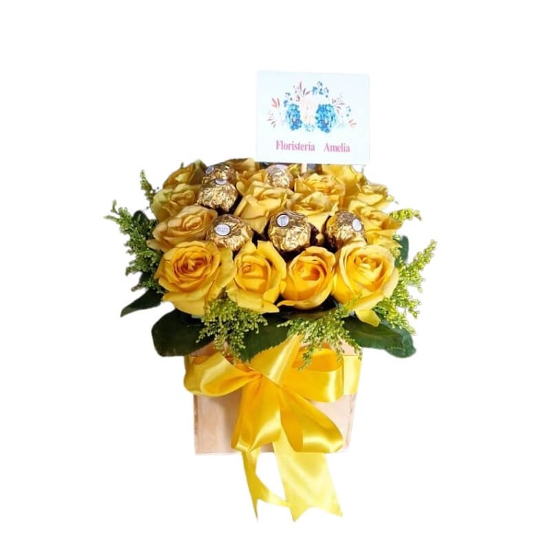 Arreglo de Rosas Amarillas en Cubo de Madera con Chocolates