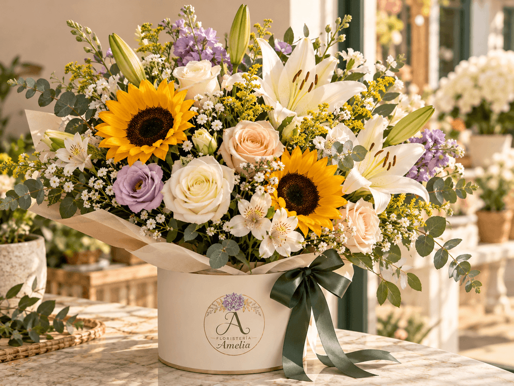 Arreglo floral elegante con rosas color crema, lirios blancos, girasoles y flores lavanda, decorado con follaje natural y lazo verde oscuro en Floristería Amelia.