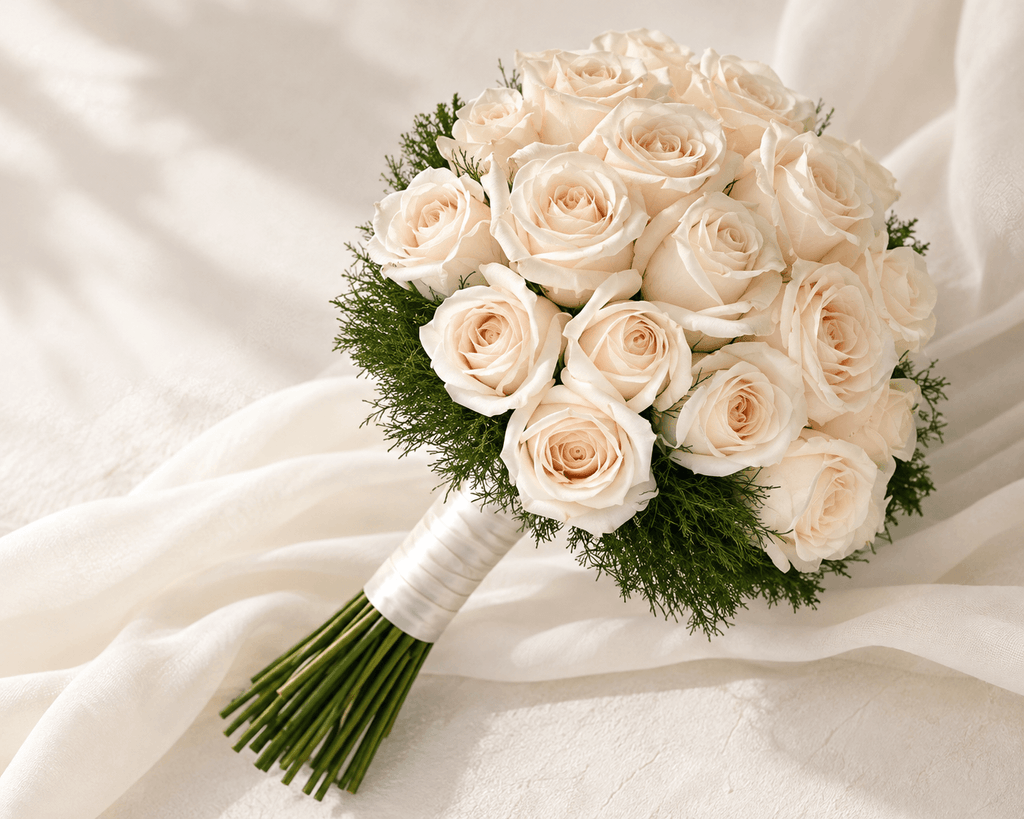 Ramo de novia con rosas blancas y follaje verde en San Salvador